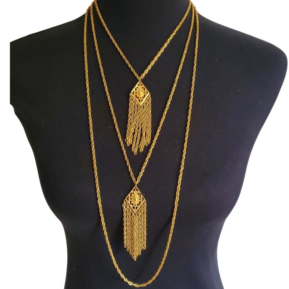 Goldette Tassel Necklace Gold Tone Multi Strand Filigree Etruscan Rope Chain Vtg